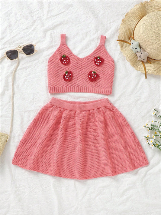 Little Girls' Spaghetti Strap Sleeveless Strawberry Applique Top And Solid Color Skirt Sweater Suit 2pcs