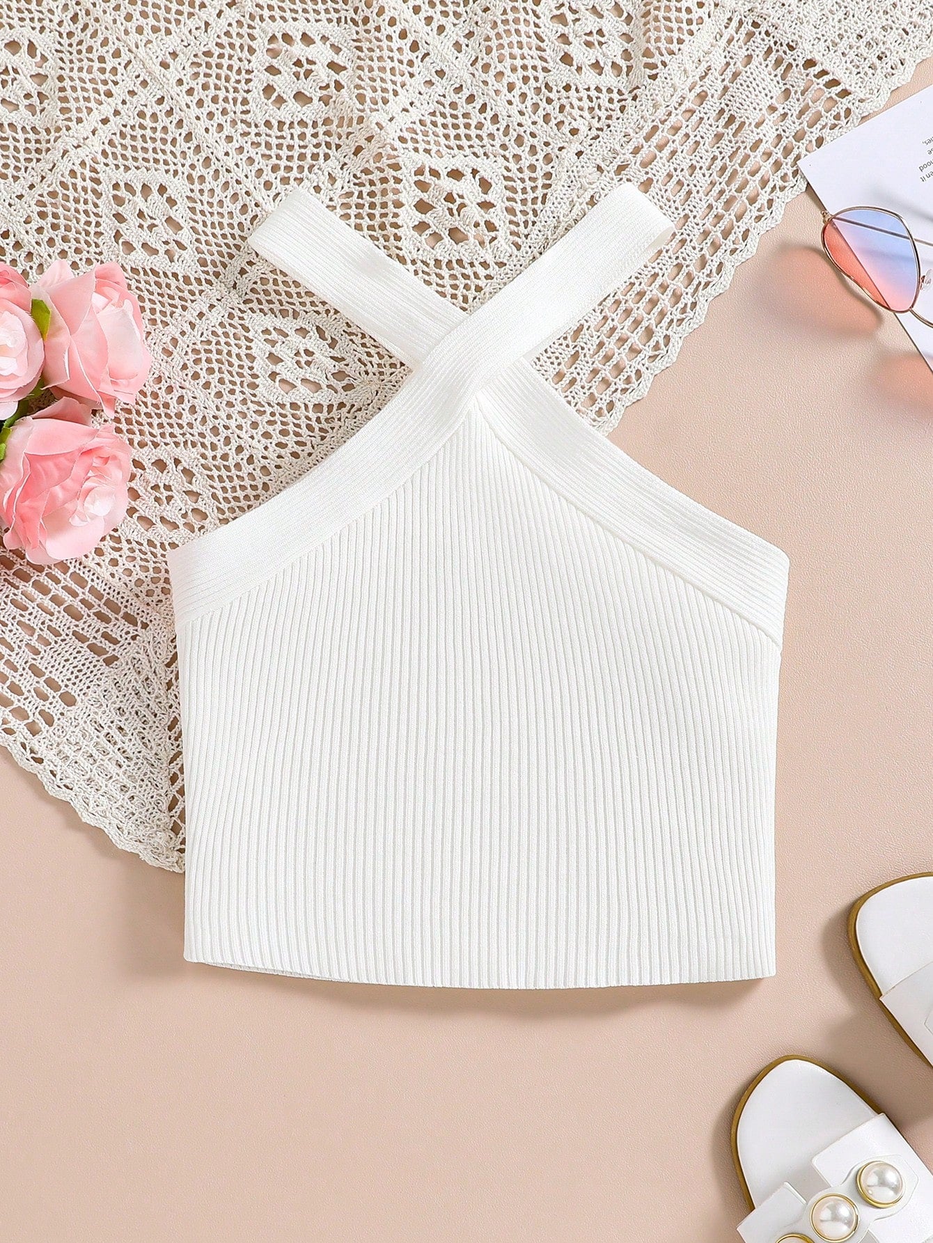 Teen Girl Strappy Knitted Tank Top With Ribbed Texture And Elasticity, Solid Color, Suitable For Summer