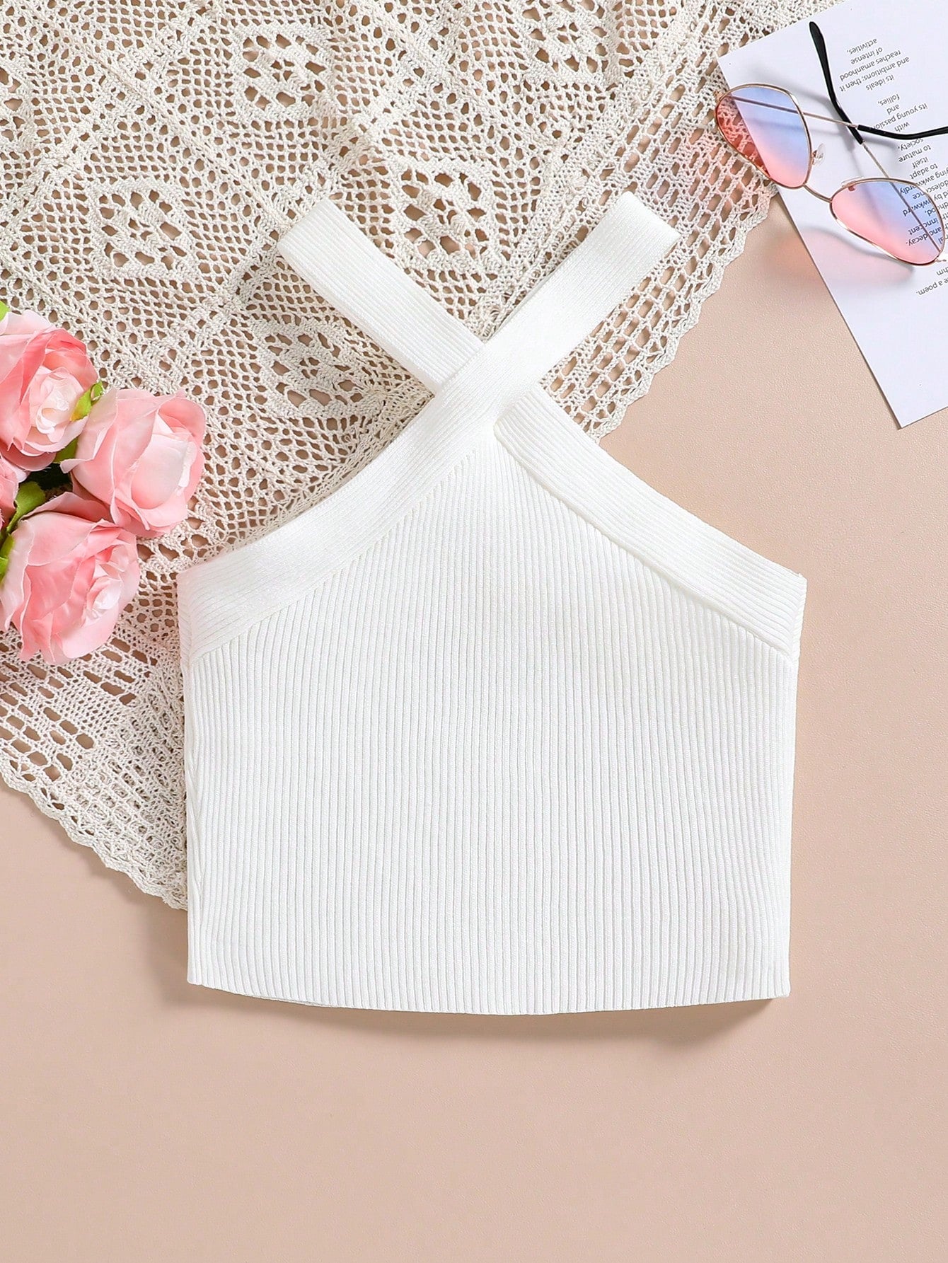 Teen Girl Strappy Knitted Tank Top With Ribbed Texture And Elasticity, Solid Color, Suitable For Summer