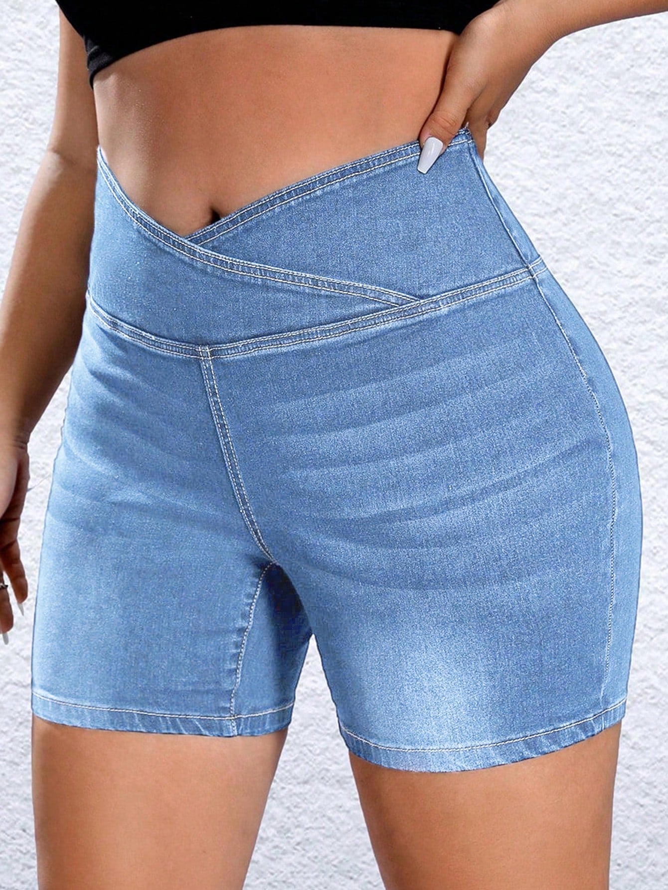 Plus Size Solid Color Asymmetrical Wrap Overlap High Waist Denim Shorts, Summer