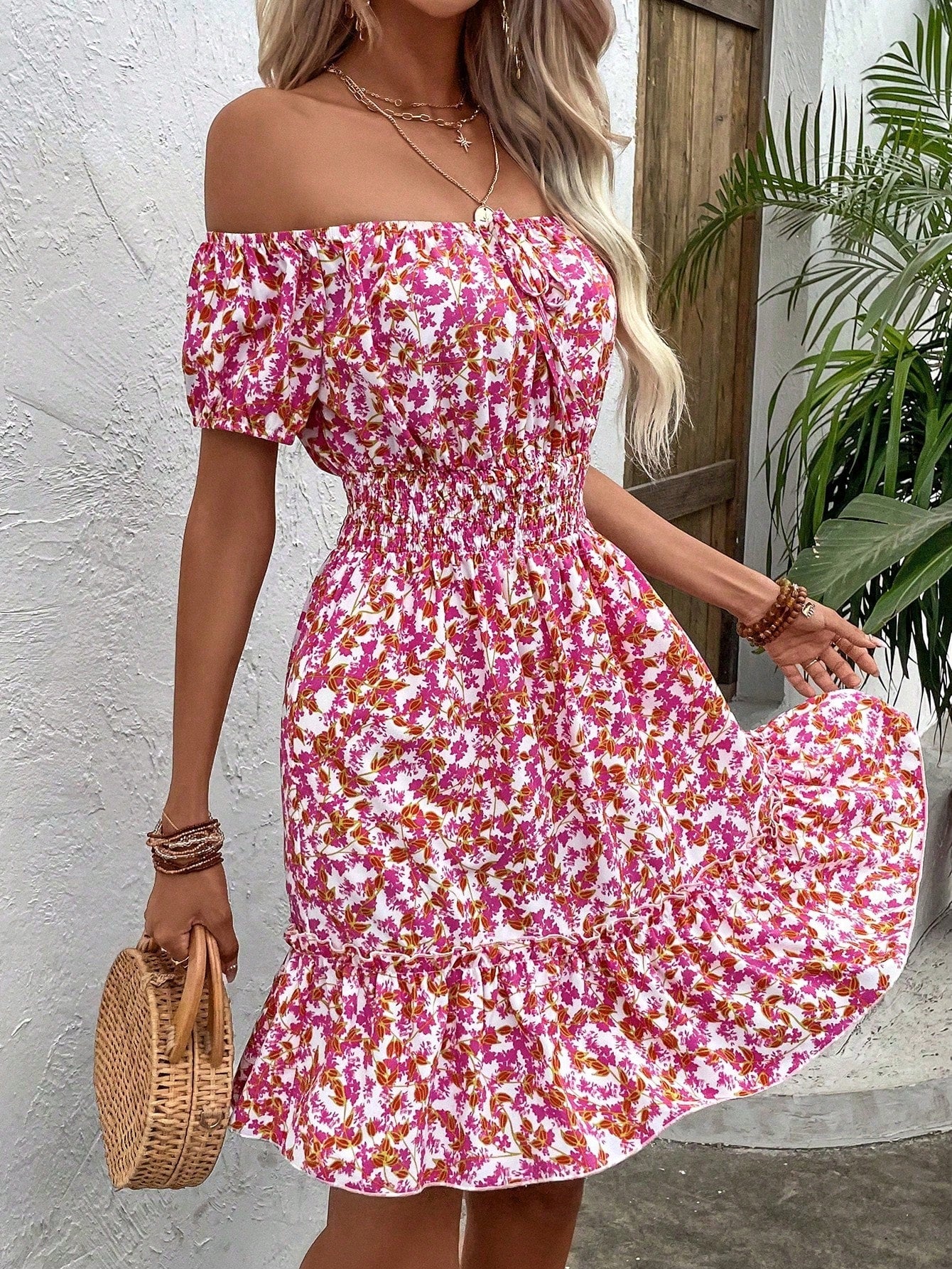 Frenchy Ditsy Floral Off Shoulder Tie Front Ruffle Hem Dress