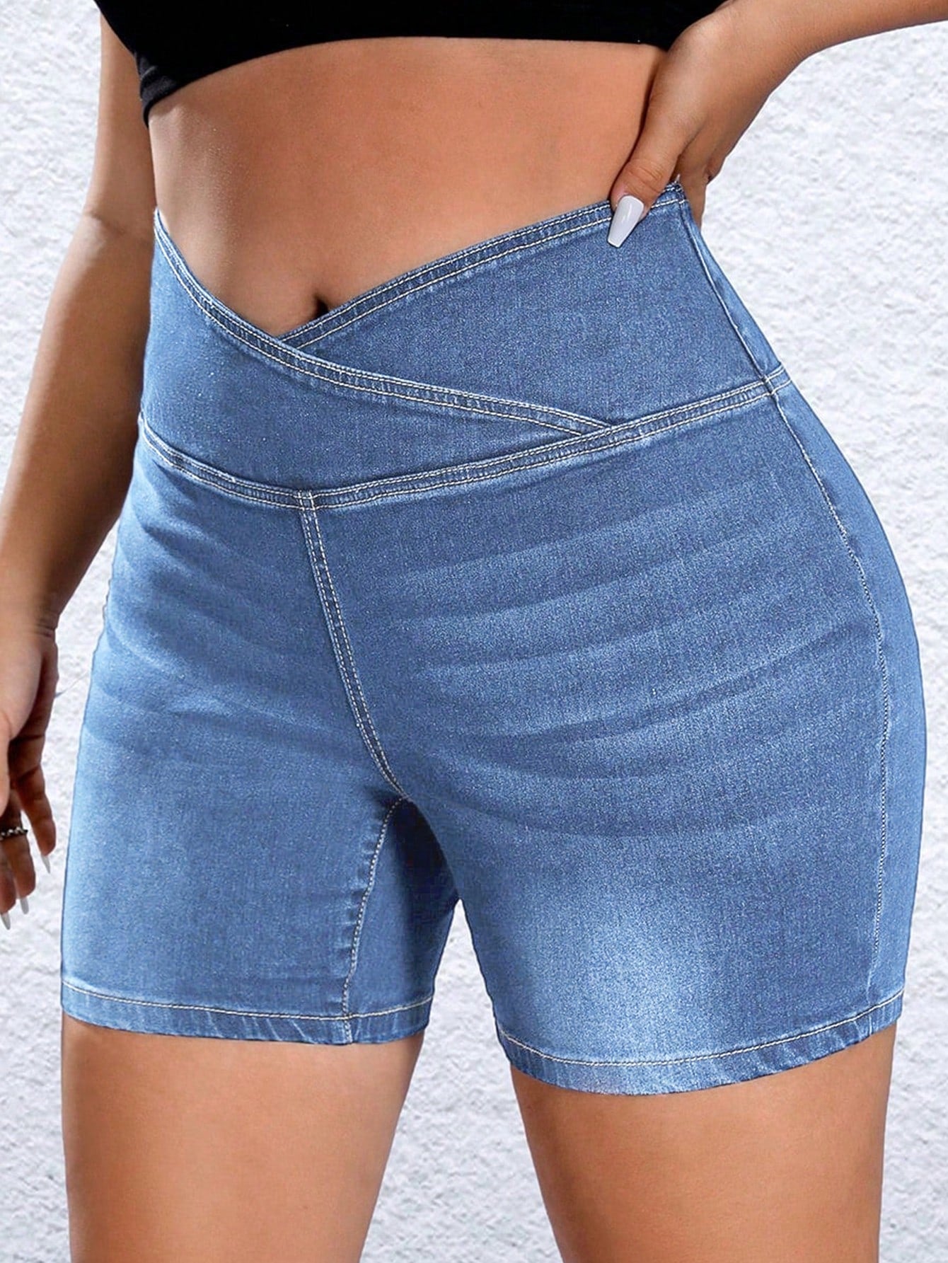 Plus Size Solid Color Asymmetrical Wrap Overlap High Waist Denim Shorts, Summer