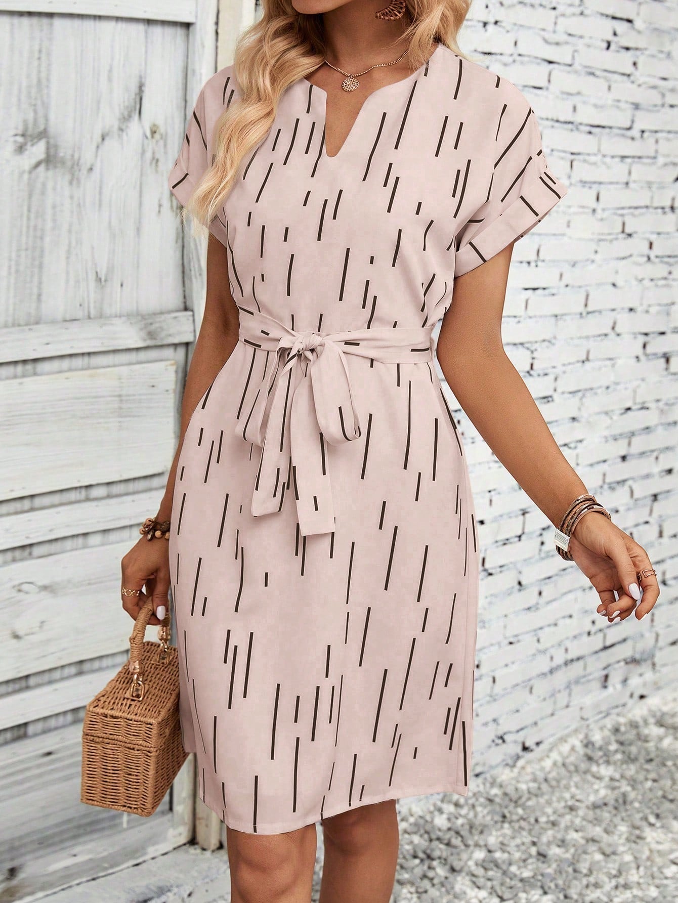 Allover Print Notched Neckline Batwing Sleeve Belted Dress