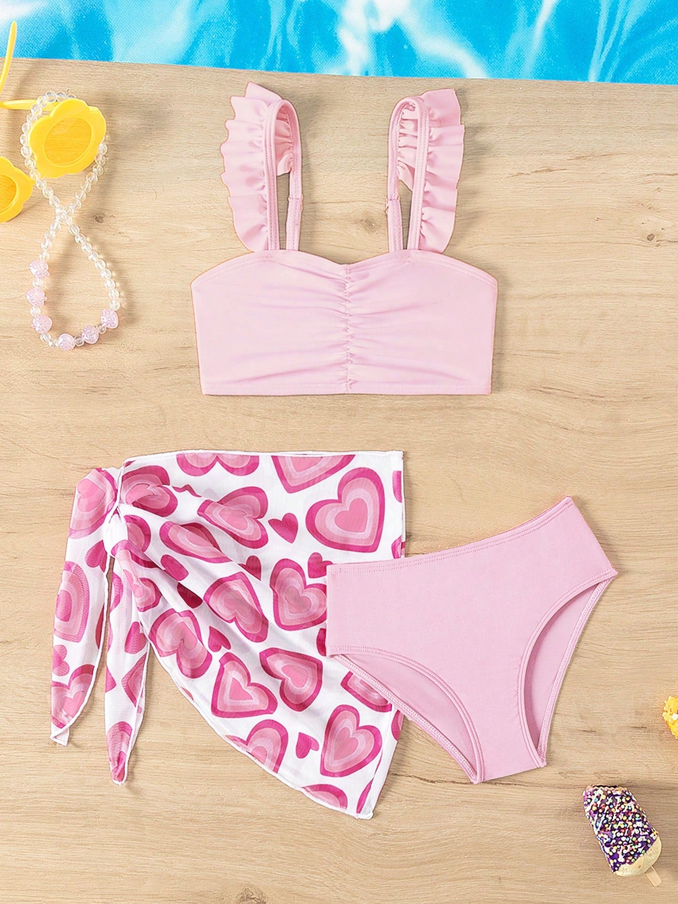 Young Girl Heart Flower Patterned Bikini Set 3-Piece Set, Fashionable Vacation Beachwear, Mommy And Me Matching Outfits (3 Sets Sold Separately) Summer Beach