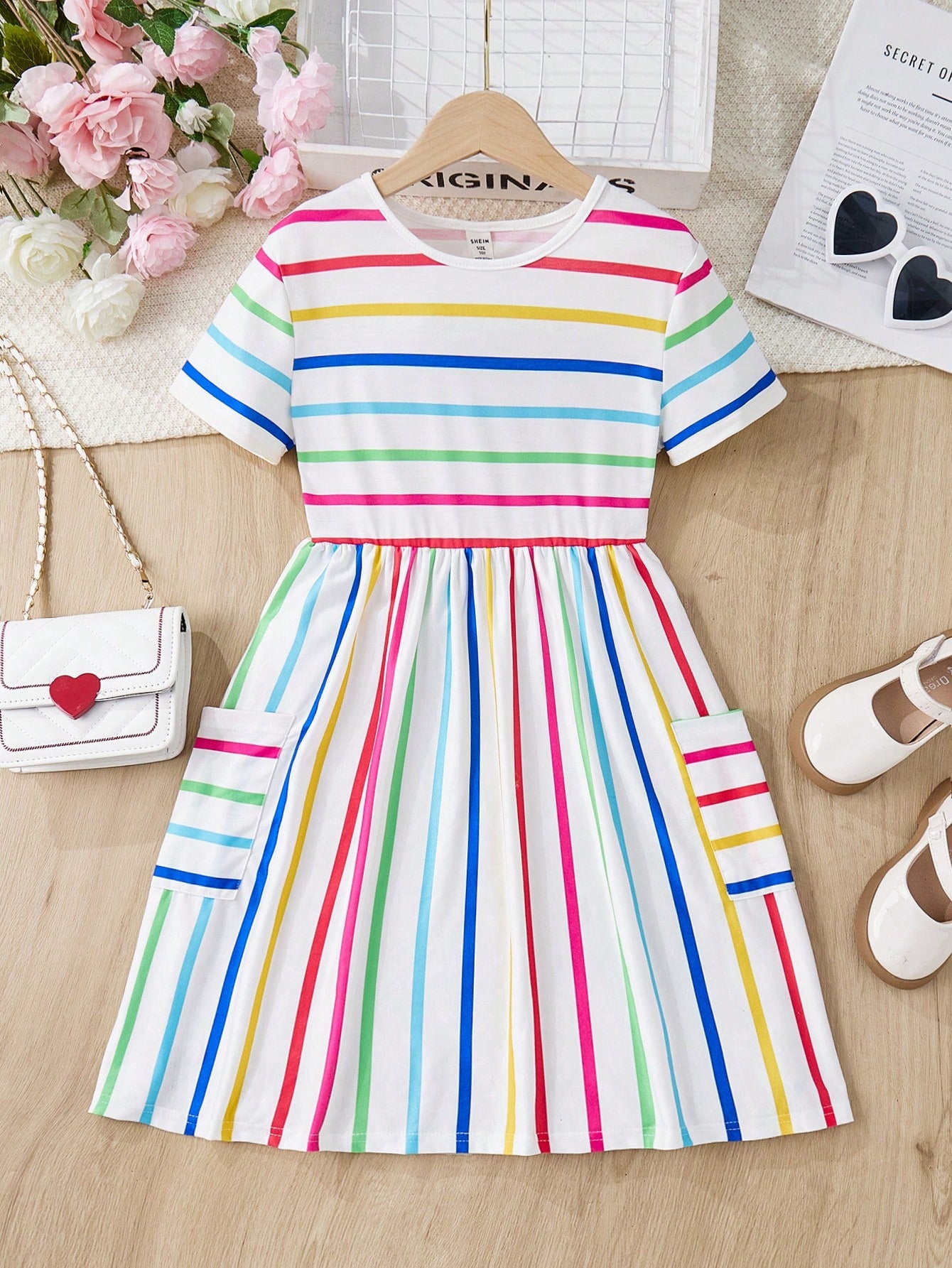 Tween Girls' Casual Striped Knit Short Sleeve Dress With Round Neckline For Spring/Summer