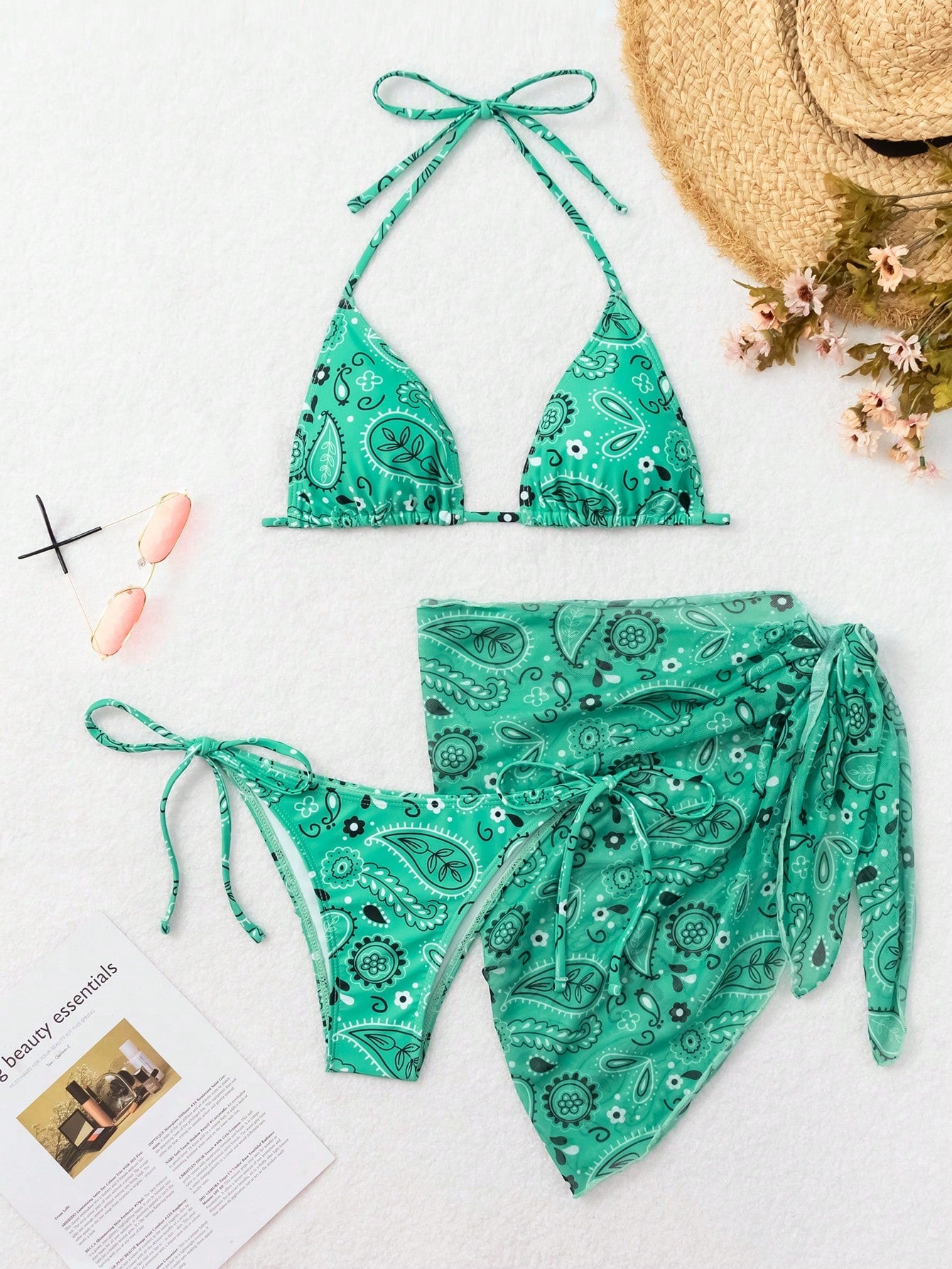 Swim Summer Beach Paisley Print Bikini Set Halter Triangle Bra & Thong Bottom & Beach Skirt 3 Piece Western Bathing Suit