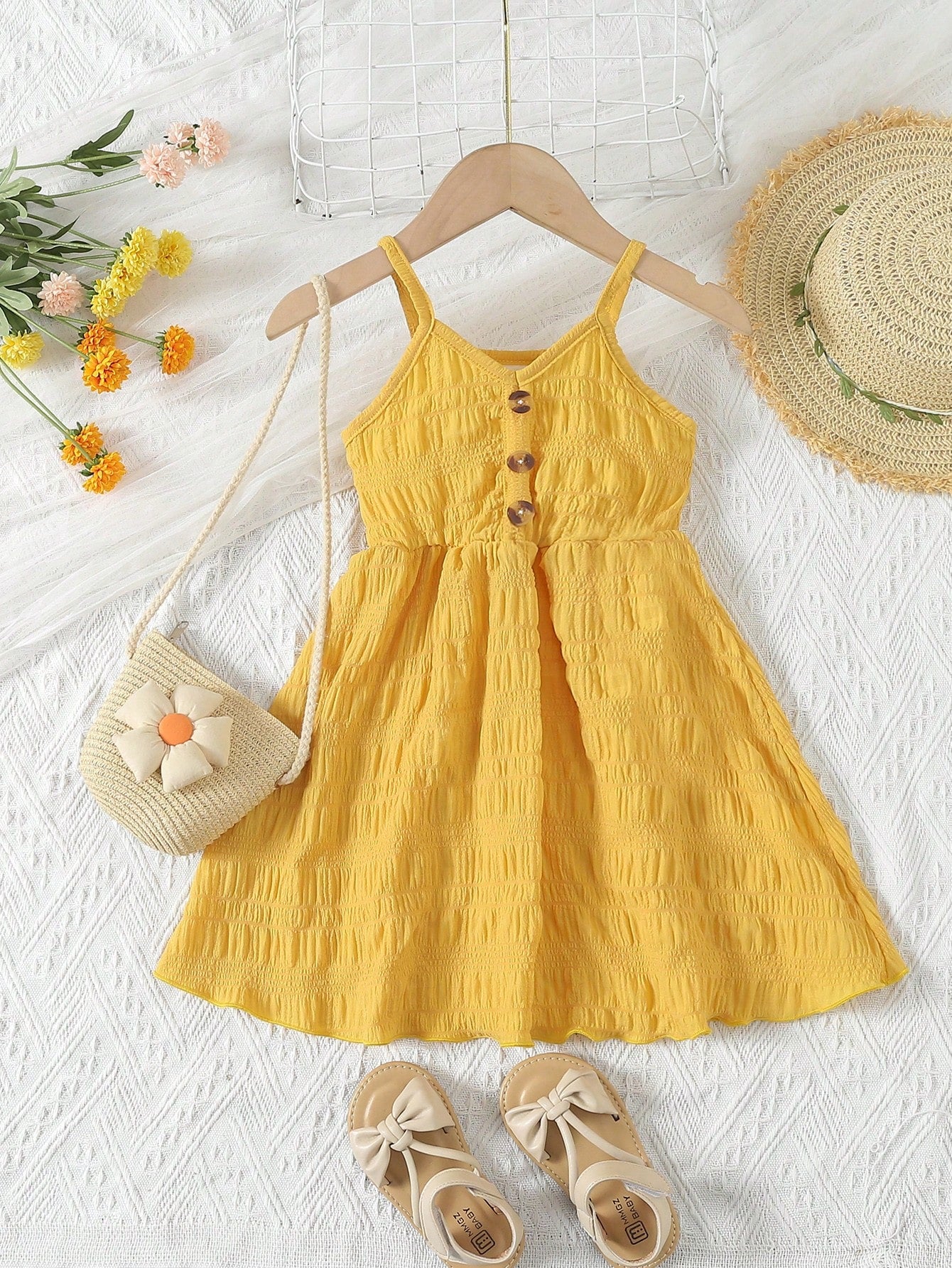 Young Girl Blue Spring Style V-neck Spaghetti Strap Dress With Rolled Edge And Gathered Waist, Summer