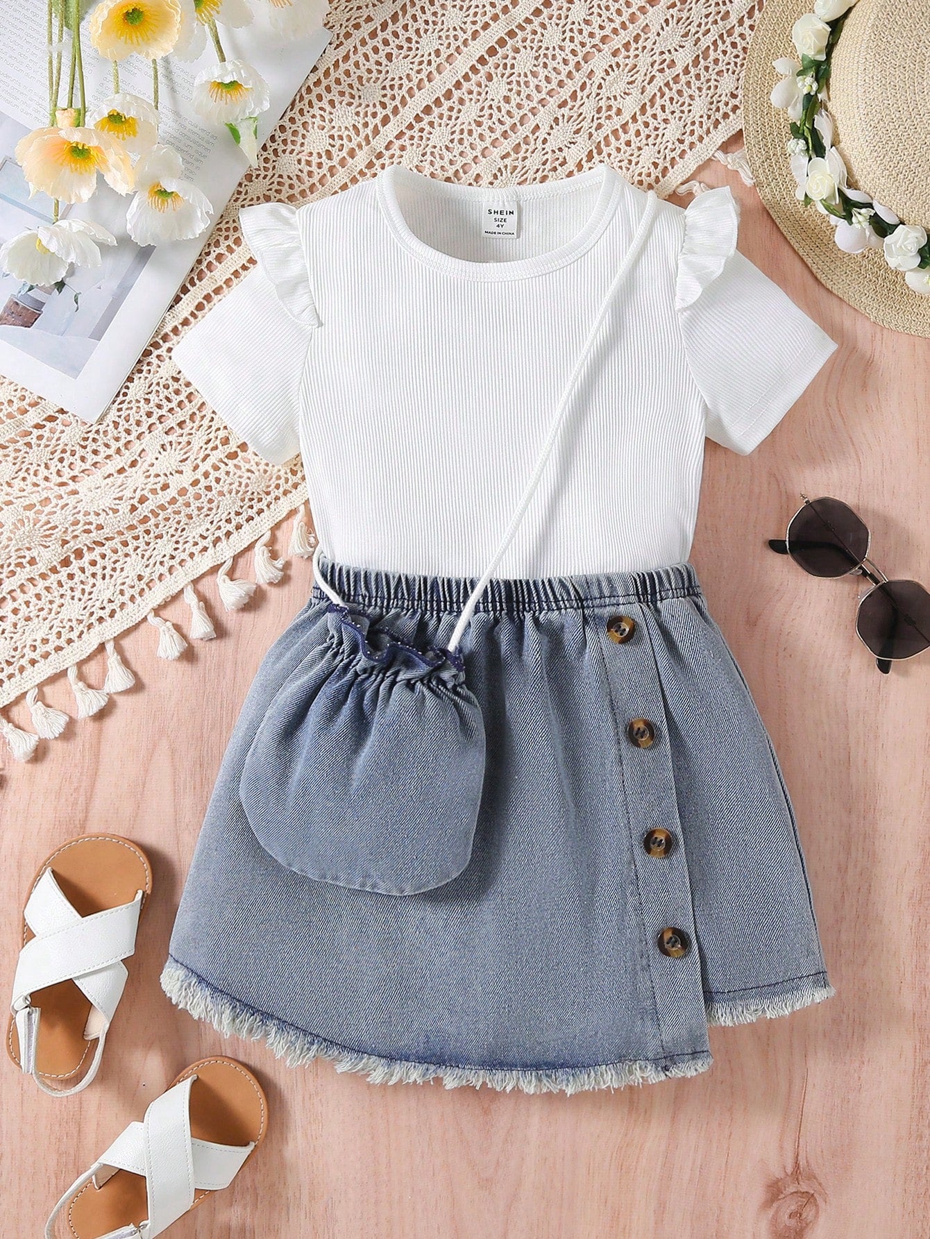 Young Girl Casual Round Neck Short Sleeve Solid T-Shirt And Elastic Waist Frilled A-Line Skirt Two-Piece Set With Crossbody Bag For Summer