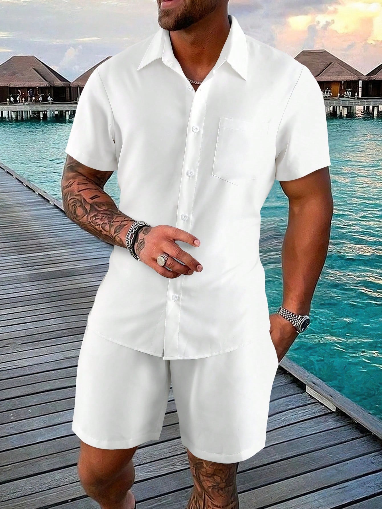 Men's Loose Fit One Pocket Front Shirt & Shorts Set (T-Shirt Not Included)