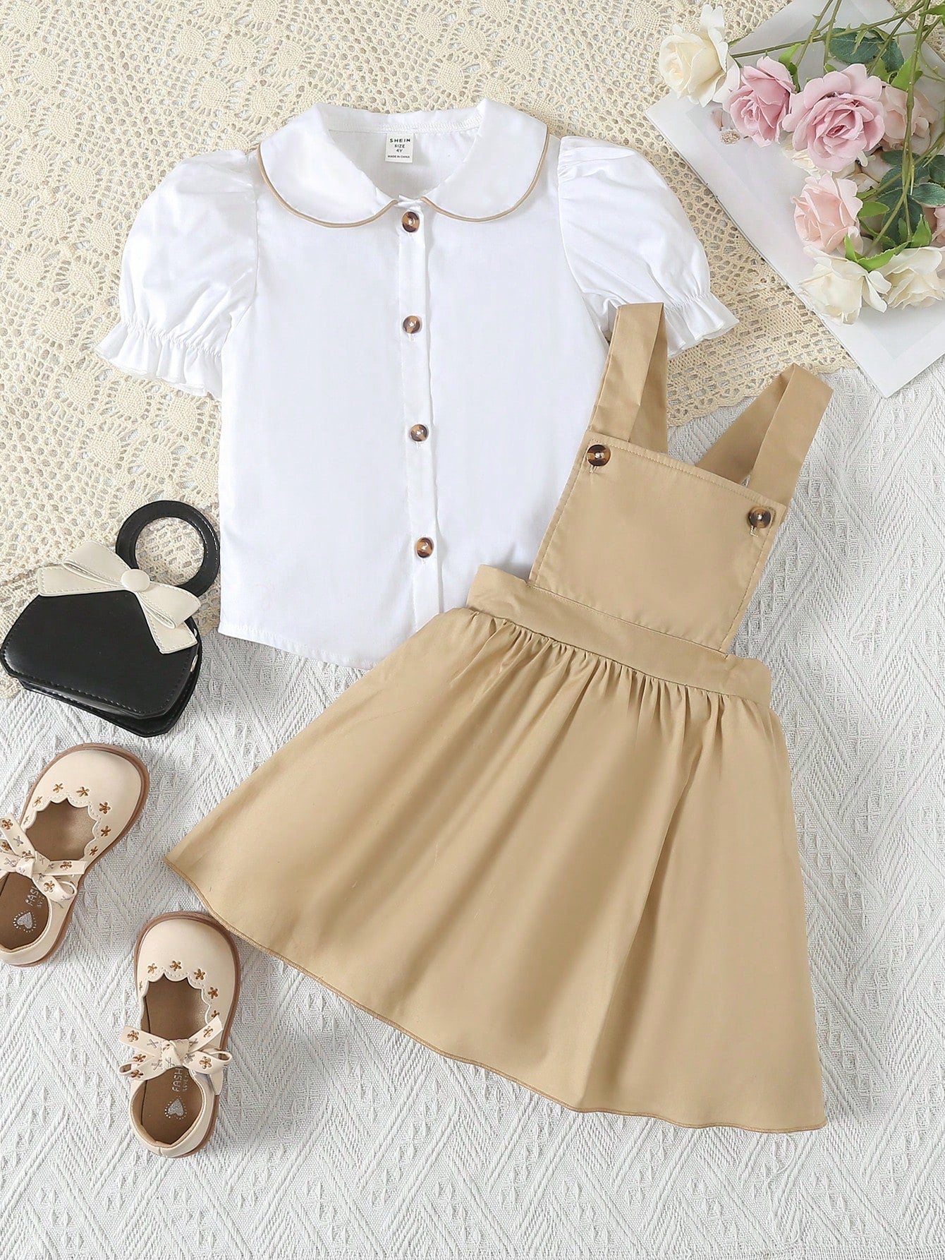 Young Girl Lovely Puff-Sleeve Blouse And Pinafore Dress 2-Piece Set, Suitable For Summer