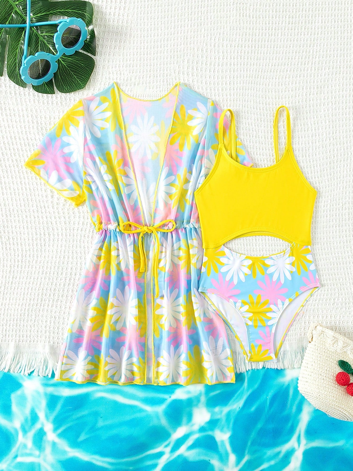 Young Girl Tropical Print Cut Out One Piece Swimsuit With Kimono