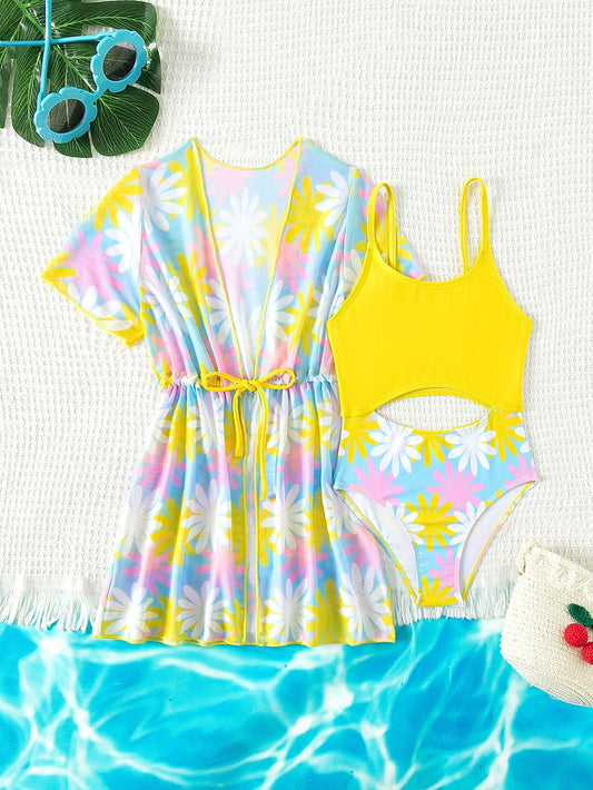 Young Girl Floral Print Hollow Out Waist One-Piece Swimsuit And Kimono For Beach & Swimming In Summer