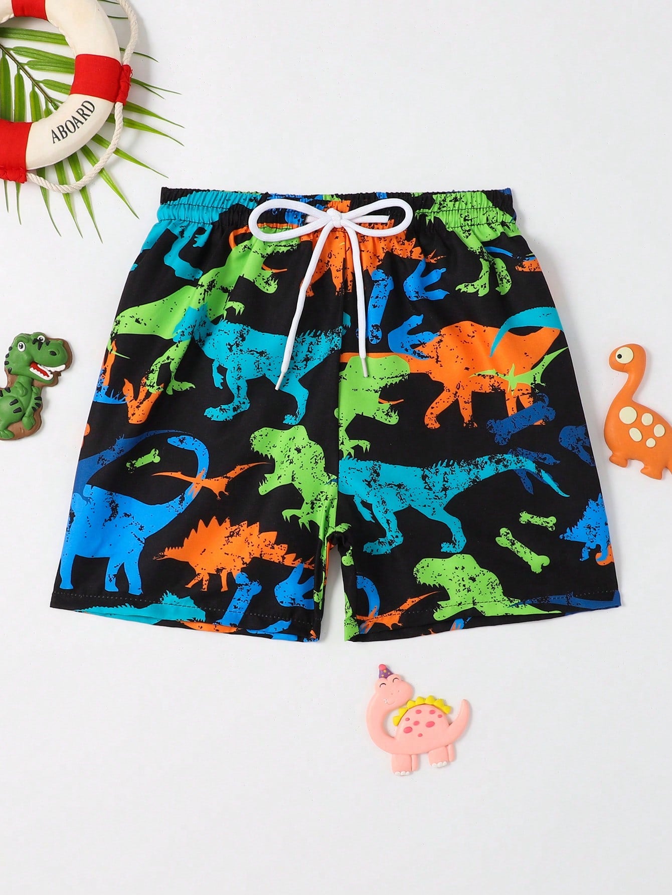 Young Boy Drawstring Waist Dinosaur Printed Swim Trunks Beach Shorts