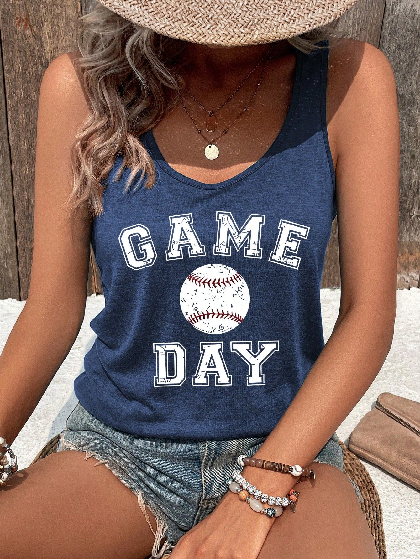 Women's Summer Casual V-Neck Letter & Baseball Printed Tank Top