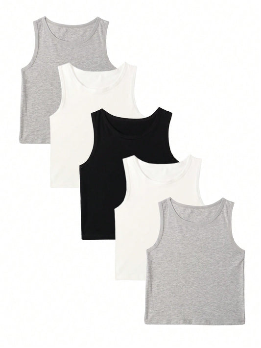 Young Boy 5pcs Solid Color Round Neck Casual Vest Underwear