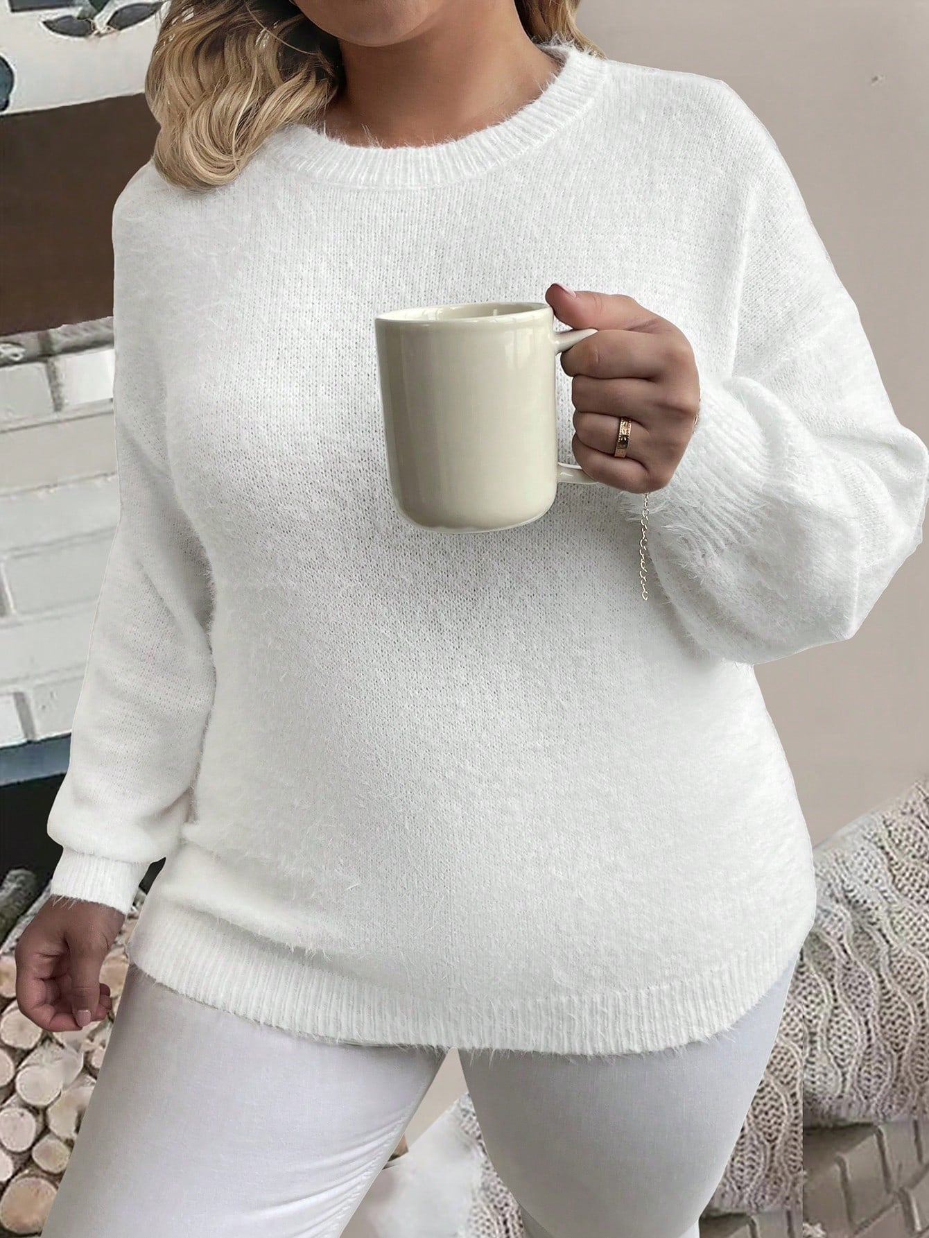 Plus Size Solid Color Lantern Sleeve Sweater