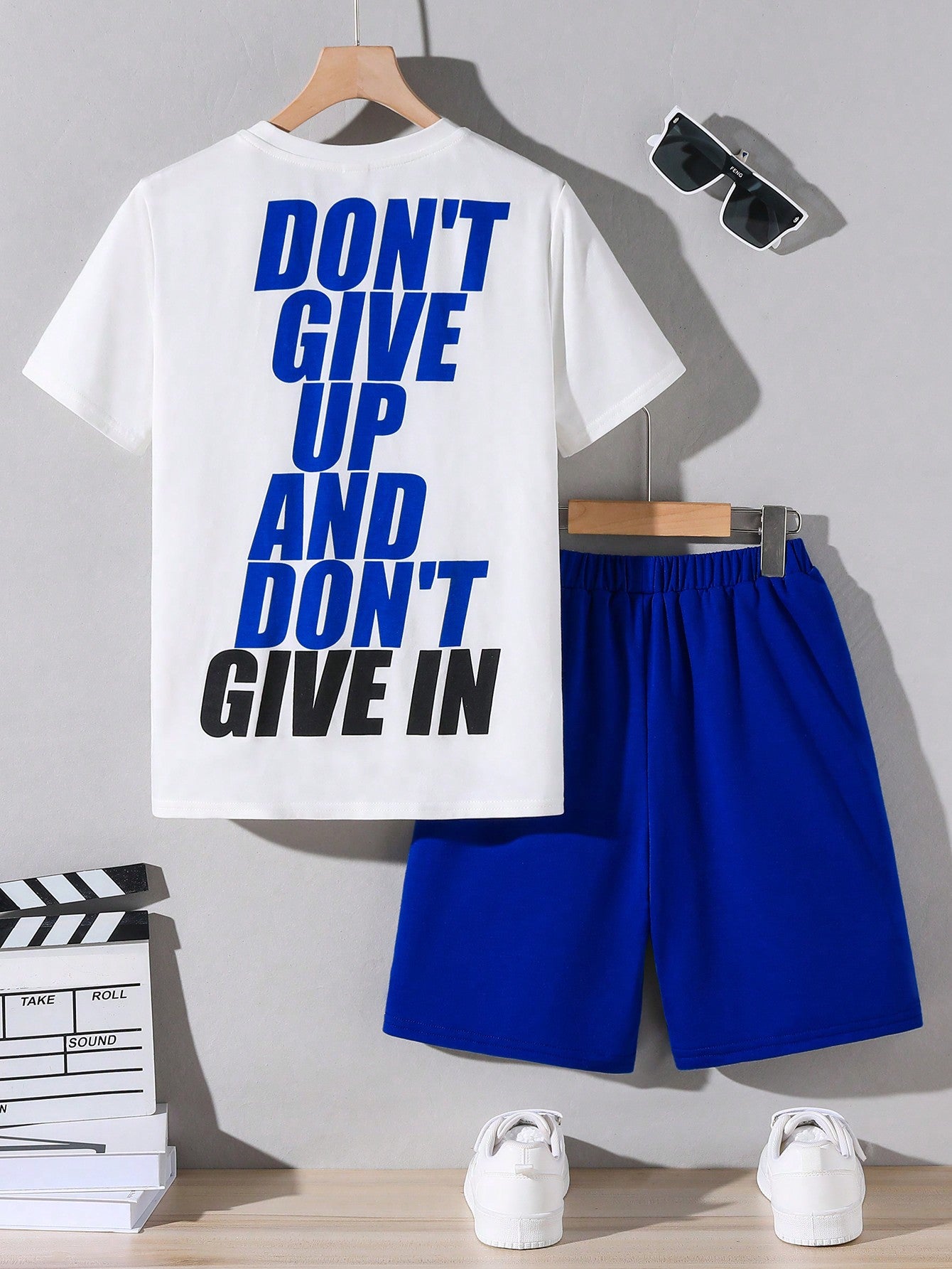 Tween Boys' Loose-Fit Casual Colorful Blue Letter Print Round Neck Short Sleeve T-Shirt And Shorts Outfits