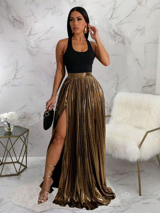 Women's Metallic High Slit Skirt, Party Style