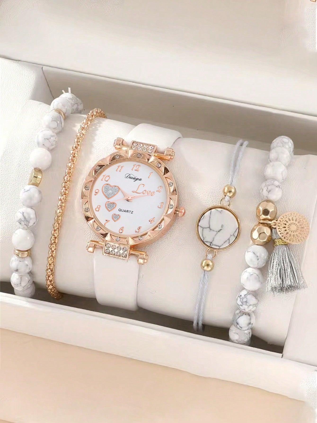 1pc Minimalist Fashionable Diamond-Studded Leather Watch With 4 Bracelets Set