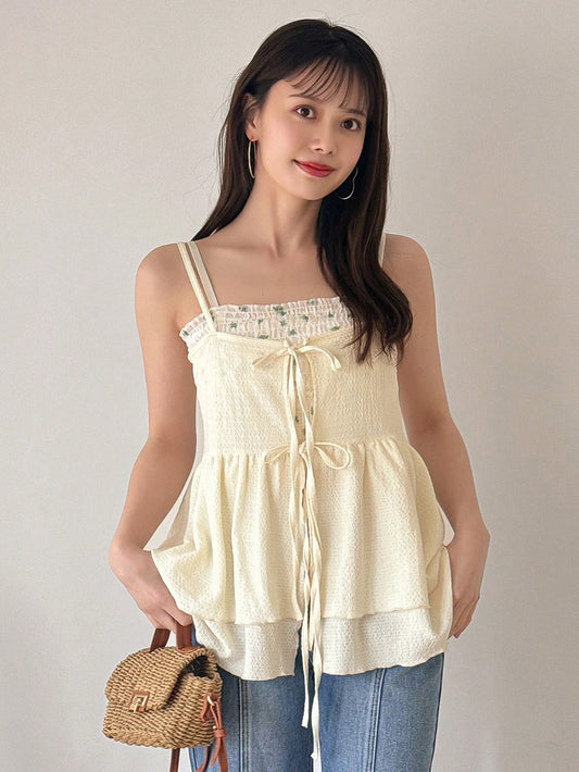 FRIFUL Designer Women's Ruffled Hem Cami Top With Tie Strings