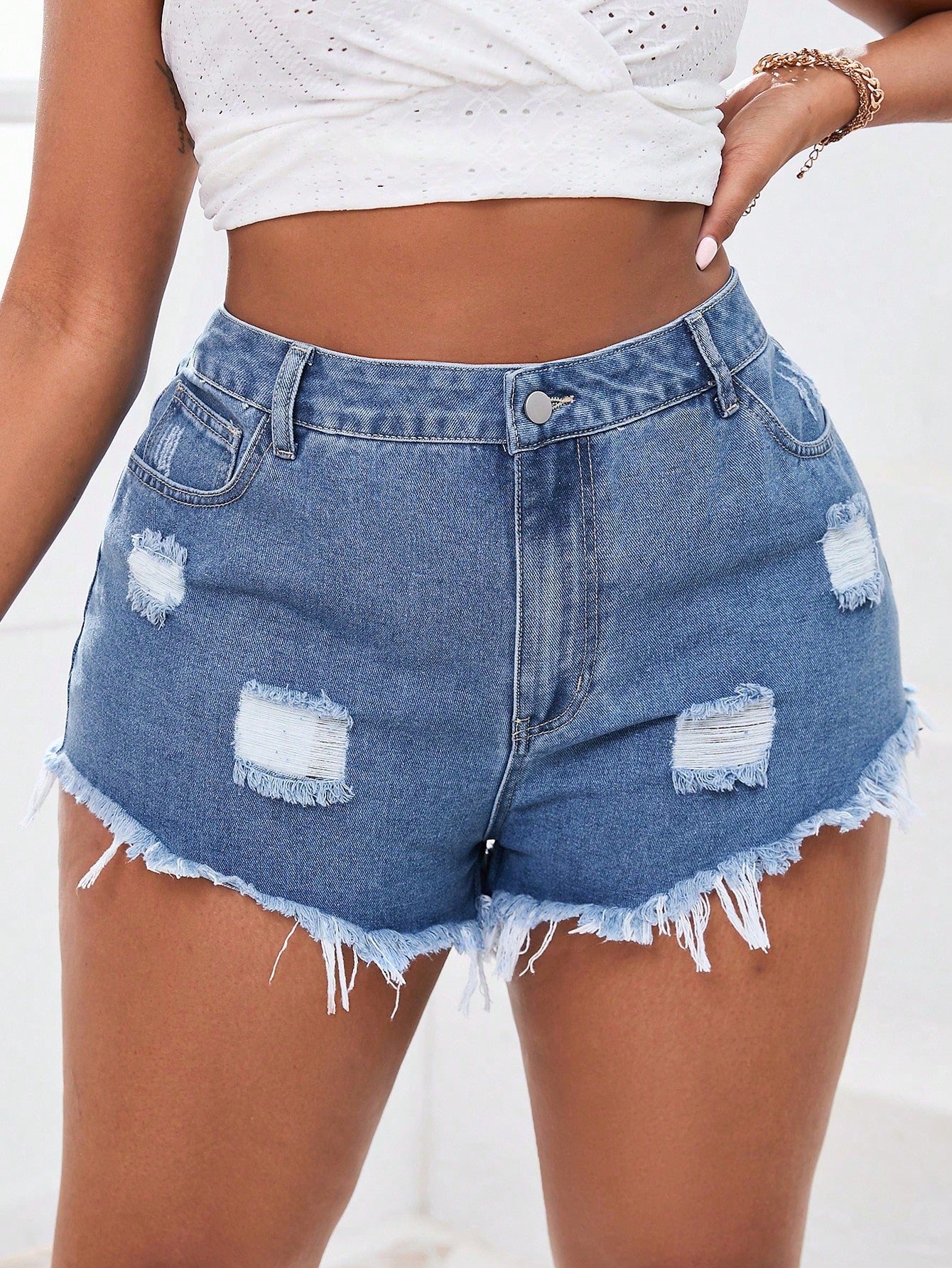 Plus Ripped Raw Hem Denim Shorts