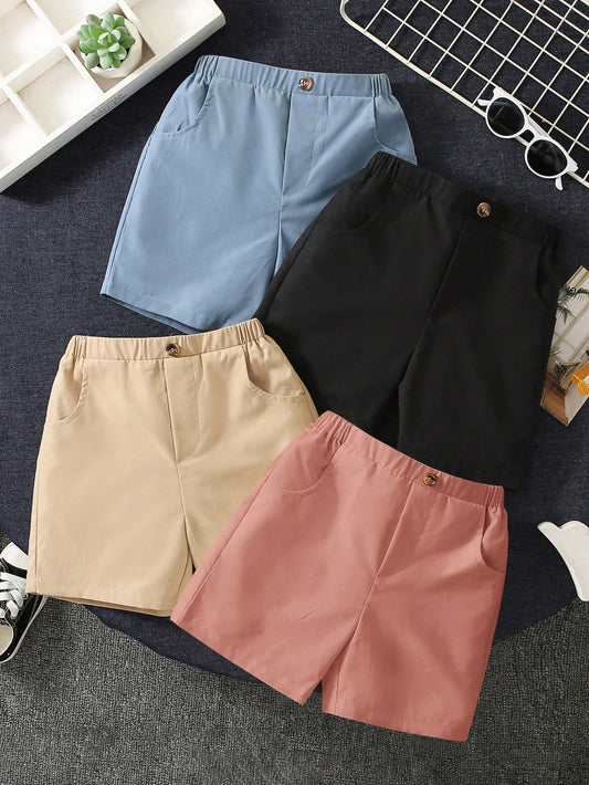 4pcs Young Boy's Korean Style Casual Button & Pocket Design Shorts, Loose Fit And Comfortable, Suitable , Vacation, Gathering, School, Home, Spring And Summer