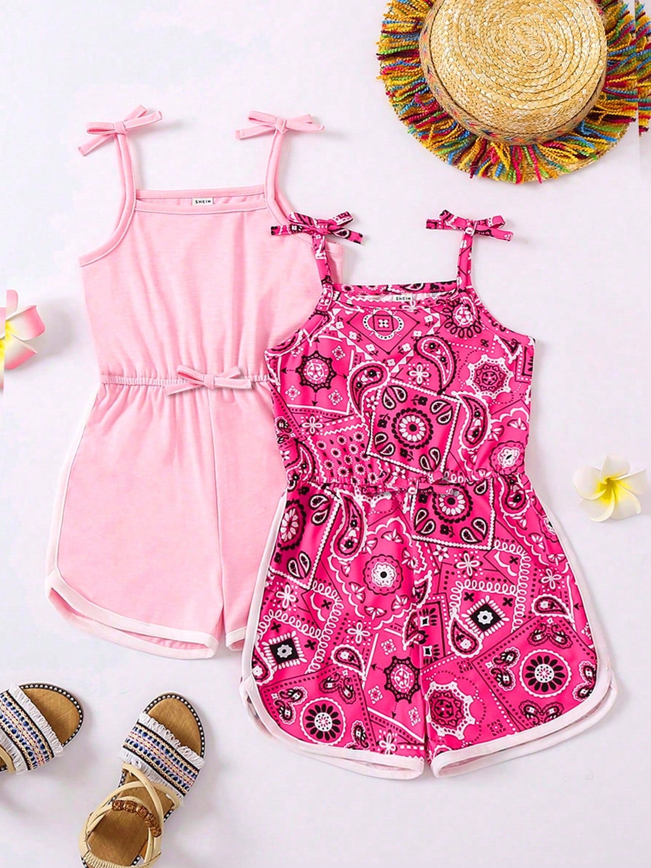 Young Girls' Floral Printed Shoulder Tie Romper, Summer