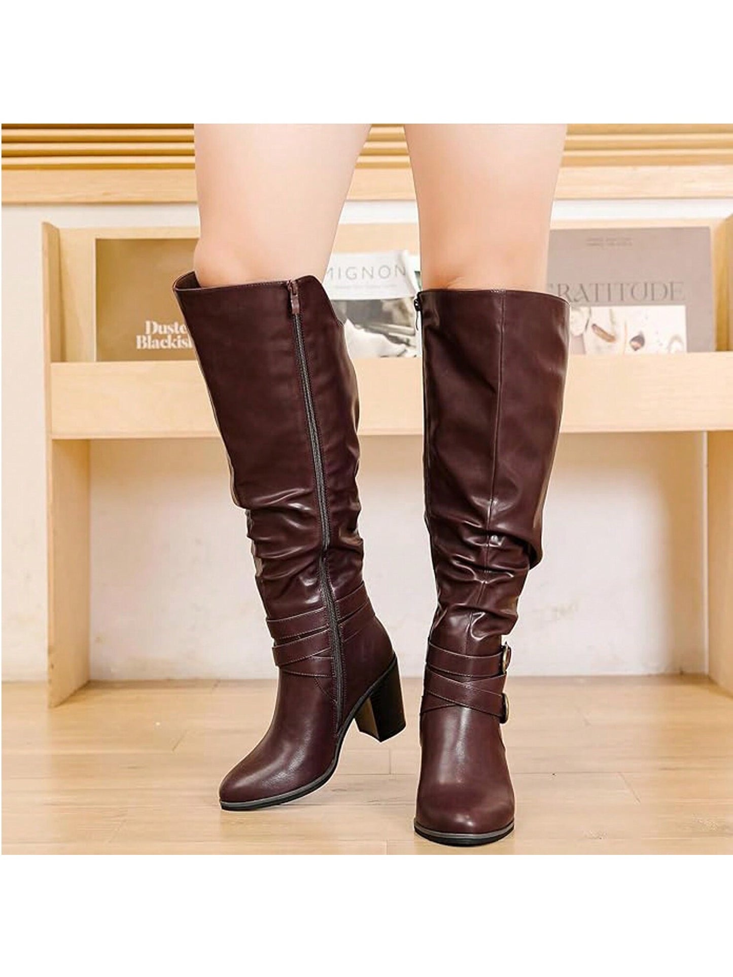 Women's Extra Wide Calf Cowboy Knee High Boots, Wide Width Cowgirl Boots Slouchy Western Boots Chunky Pump Heel Plus Size Boots For Women