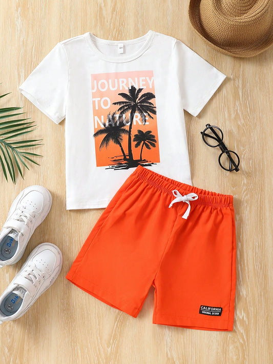 2pcs Young Boys' Casual Slogan & Coconut Tree Print Round Neck Short Sleeve T-Shirt And Shorts Set, Suitable For Summer Vacation, Sports, Leisure, Daily Wear And Travel