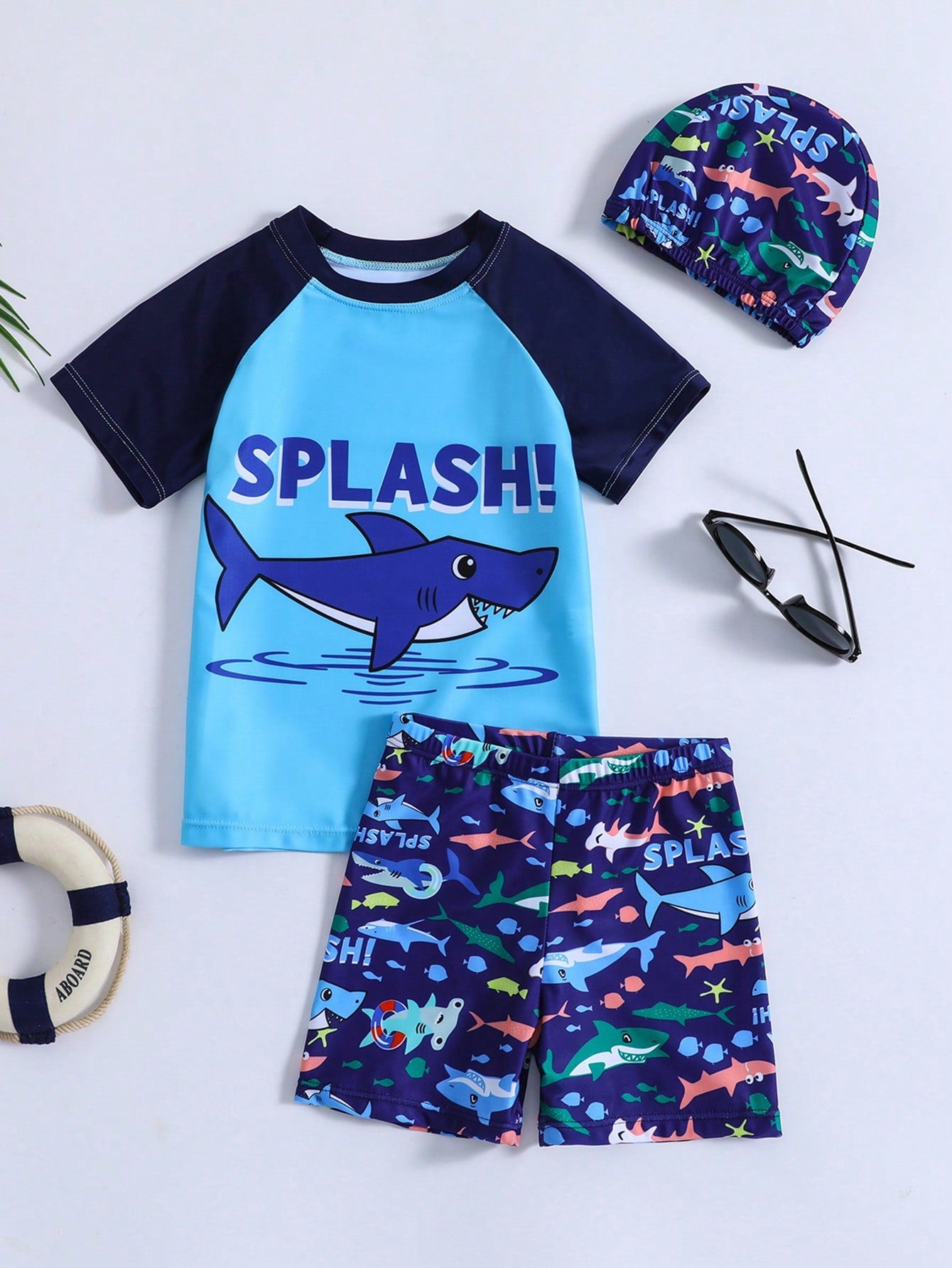 Young Boy Cartoon Shark Printed Short Sleeve Swimwear With Shoulder Insets, Shorts And Swim Cap 3-Piece Set