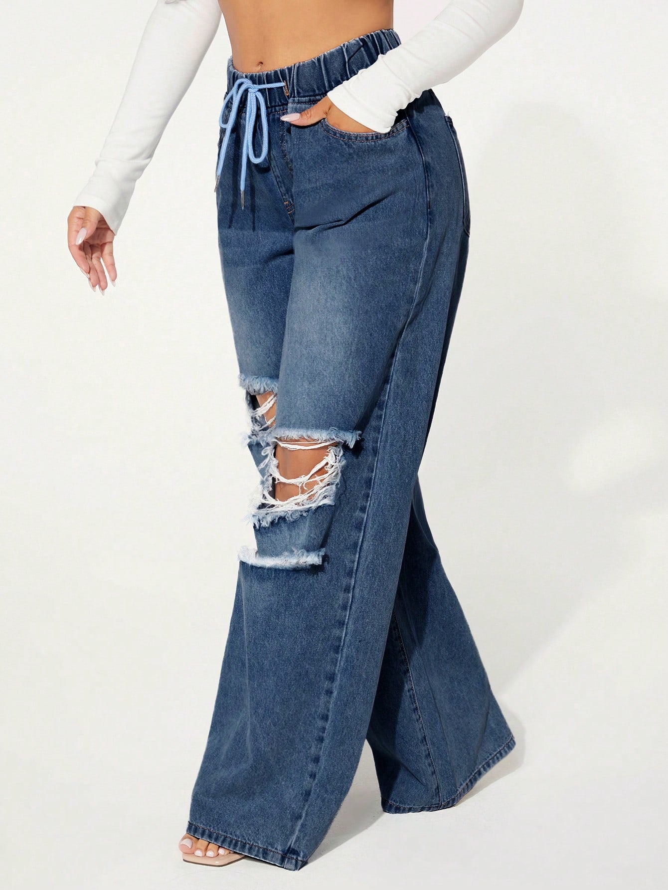 Drawstring Waist Cut Out Ripped Wide Leg Jeans