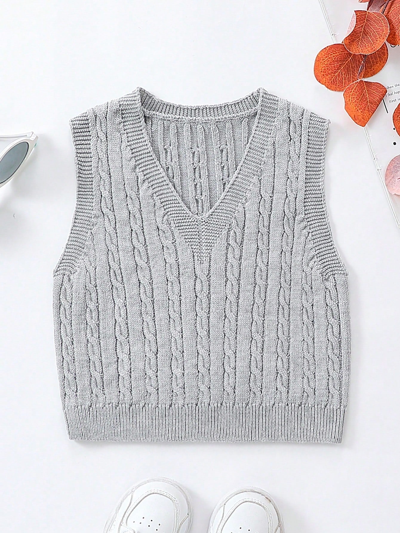 Tween Girl Cable Knit V Neck Sweater Vest