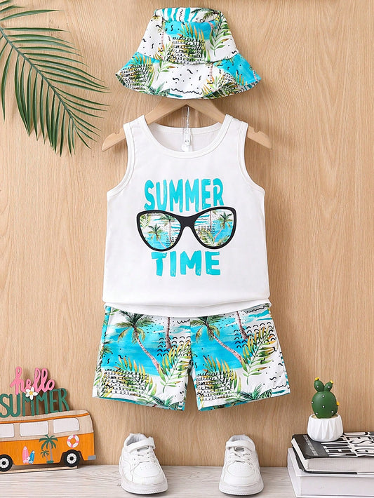 2pcs Young Boys' Casual Palm Tree & Waves Sunglasses Slogan Allover Print Vest And Palm Tree & Waves Patterned Shorts With Hat, Suitable For Summer, Outdoor, Casual, Beach Vacation, And Travel