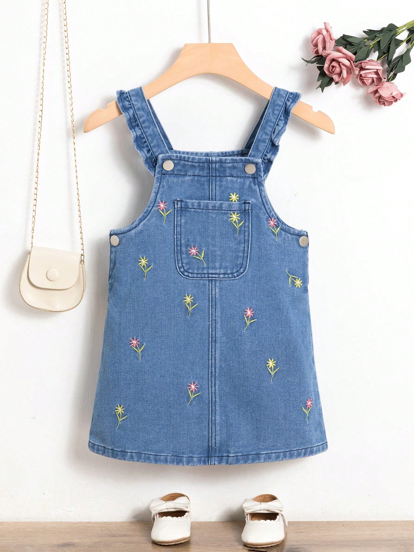 Young Girl Floral Embroidery Ruffle Trim Denim Dress