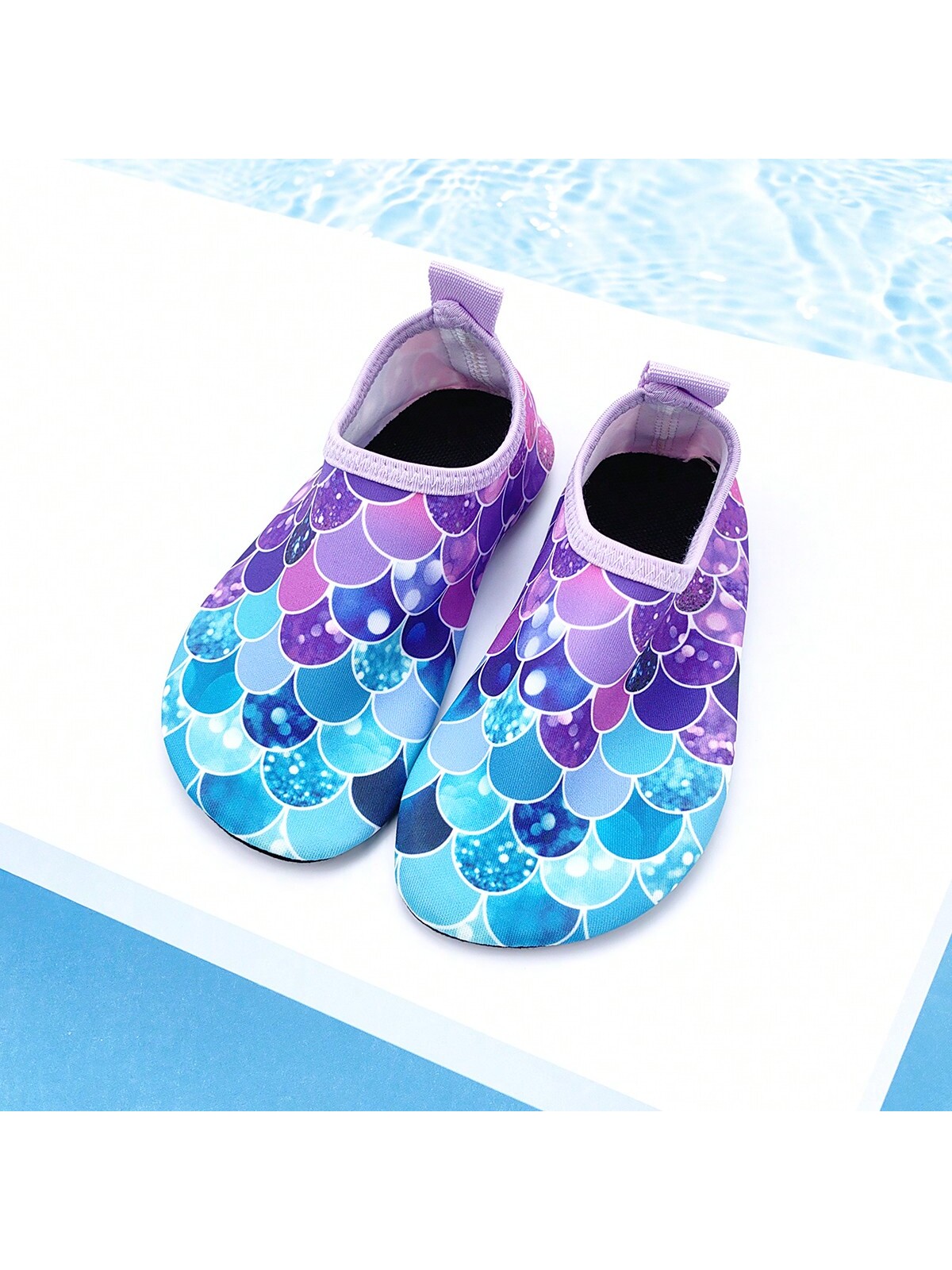 2024 New Style Kids Girls" Purple Fish Scale Beach Shoes, Lightweight Breathable Soft-Sole Aqua Shoes