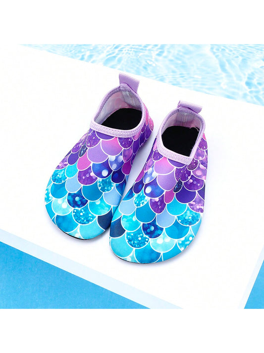 2024 New Style Kids Girls" Purple Fish Scale Beach Shoes, Lightweight Breathable Soft-Sole Aqua Shoes