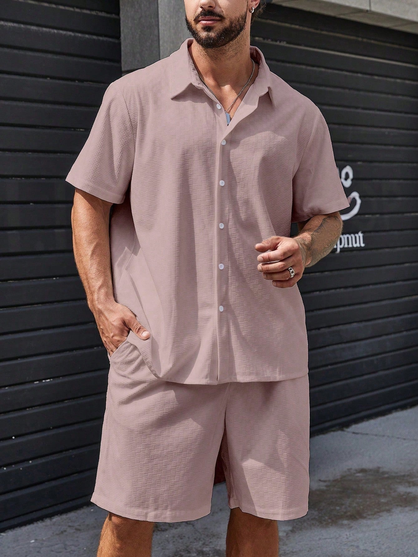 Men Plus Solid Button Up Shirt & Shorts