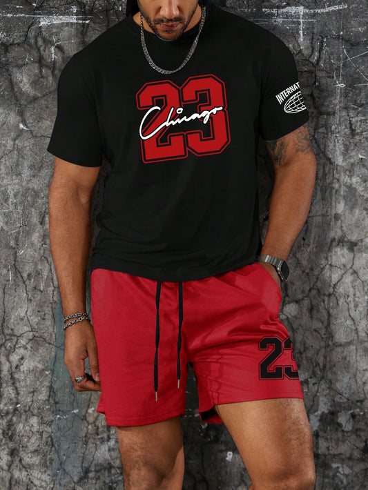 Men's Number 23 Printed Short Sleeve T-Shirt And Shorts Two-Piece Set