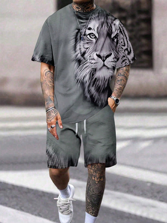 Men's Plus Size Fashionable Tiger Printed T-Shirt Set