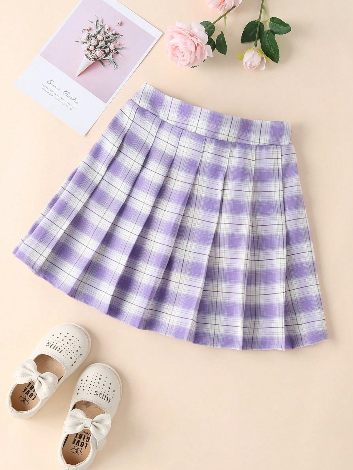 Tween Girl Blue & White Plaid Printed Skirt With Built-In Shorts And Pleats