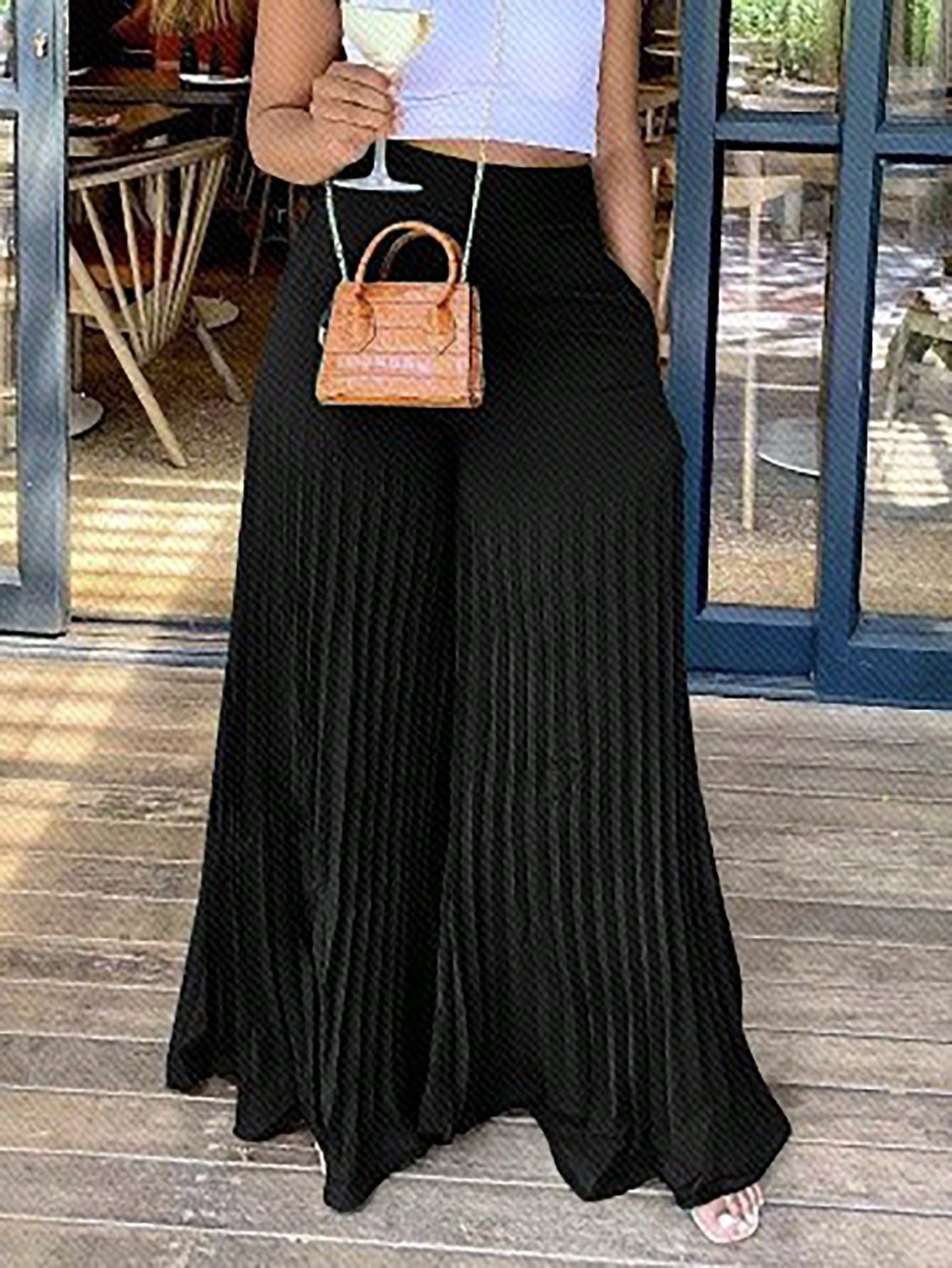 Elegant Elastic Waist Dark Green Pleated Large-Footed Extra-Long Wide-Leg Pants For Women