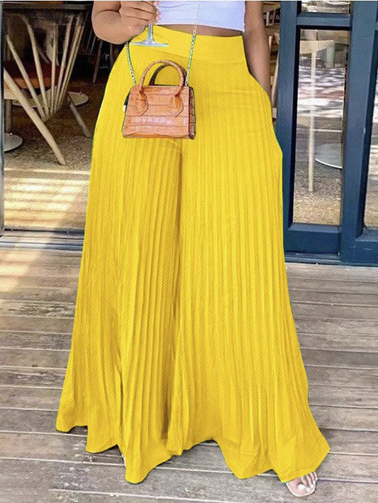 Summer Elegant Elastic Waist Yellow Pleated Large Hem Extra Long Wide Leg Pants Women's Trousers-C