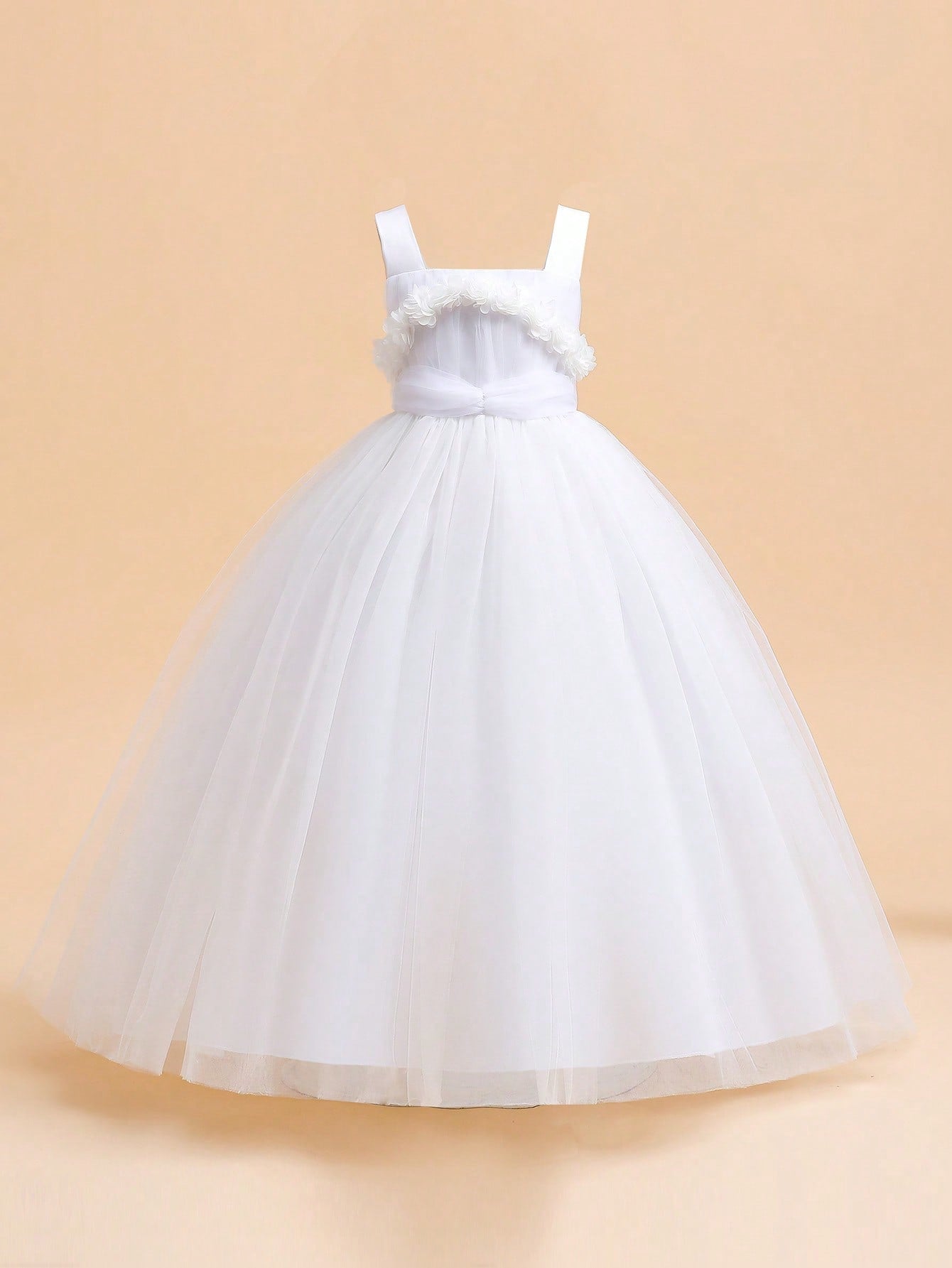 Tween Girl Mesh Solid Color Satin Long Three-Dimensional Flower Decoration Dress Elegant And Gorgeous Dress Suitable For Performance Hosting