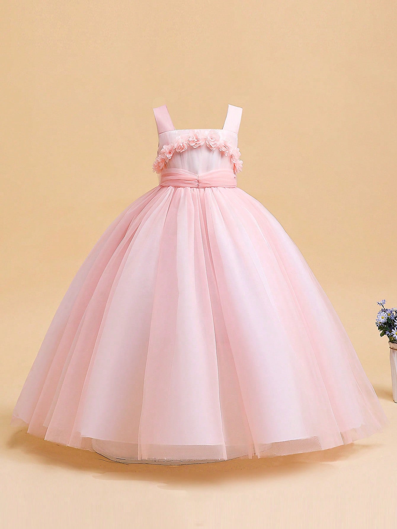 Tween Girl Mesh Solid Color Satin Long Three-Dimensional Flower Decoration Dress Elegant And Gorgeous Dress Suitable For Performance Hosting