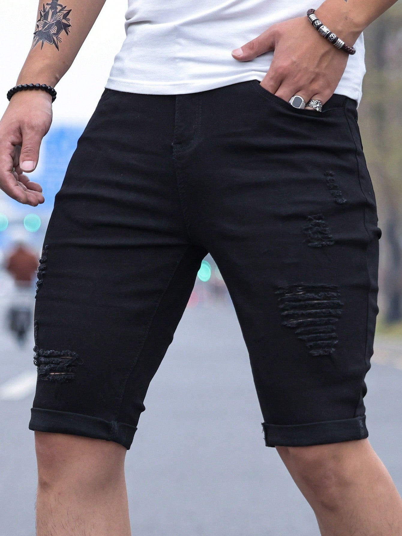 Men Ripped Frayed Bleach Wash Denim Shorts