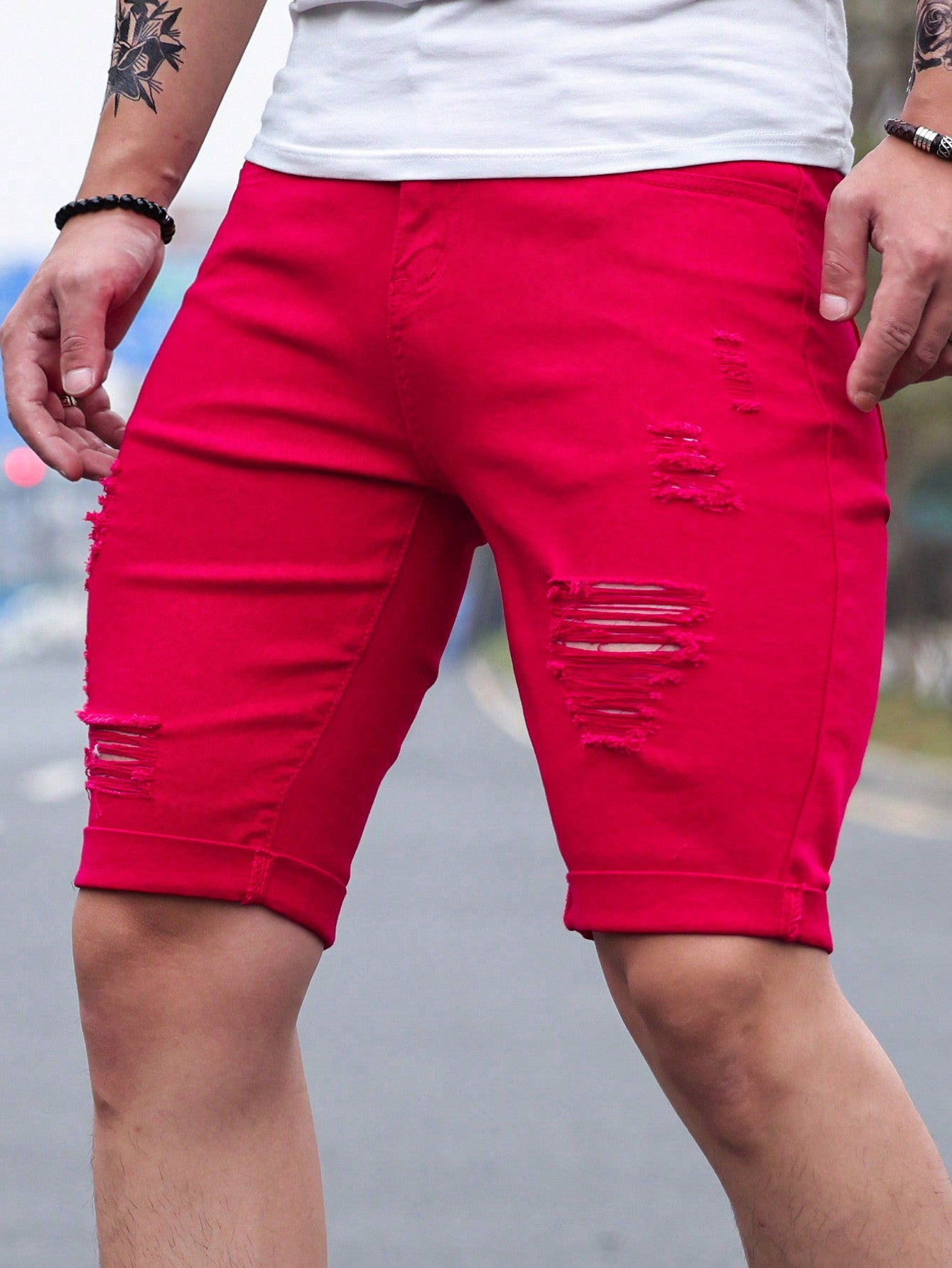 Men Ripped Frayed Bleach Wash Denim Shorts