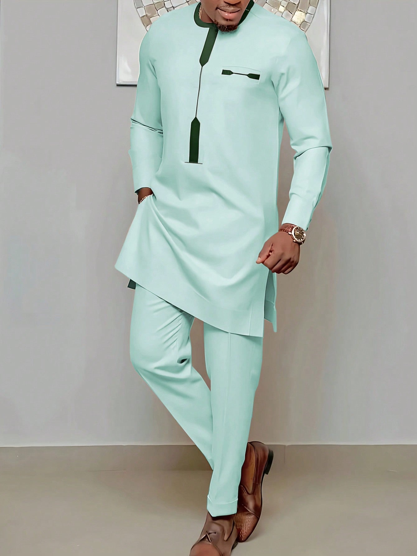 Men's Simple Solid Color Long Sleeve Suit Set With Long Pants