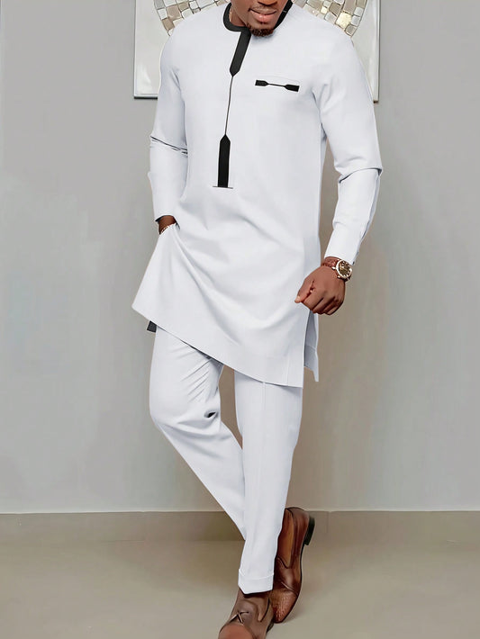 Men's Color Block Long Sleeve Top And Drawstring Waist Long Pants Suit