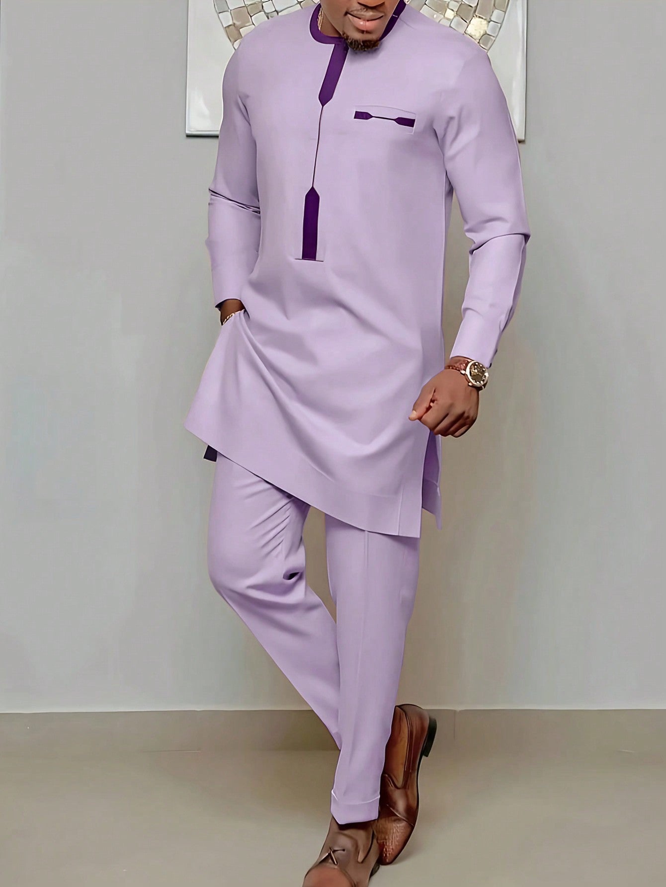 Men's Colorblock Long Sleeve Top And Drawstring Waist Long Pants Suit