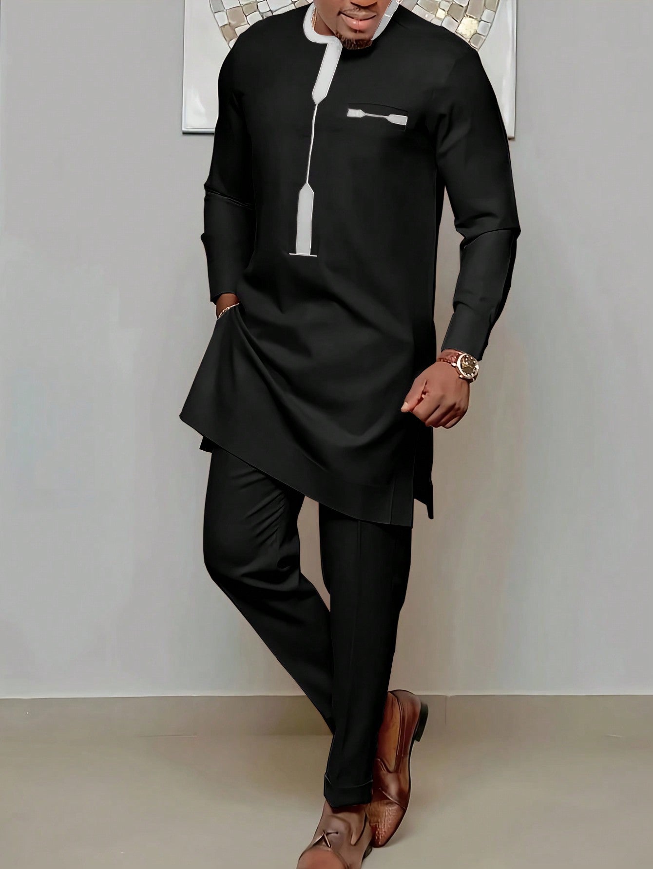 Men's Colorblock Long Sleeve Top And Drawstring Waist Long Pants Suit